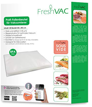 FreshVac Folienbeutel 30x40 cm, 50 Stück für Ihren Vakuumierer, starke & reißfeste Vakuumbeutel (Materialstärke ca. 140 µm), BPA-frei, ideal für SousVide Garen