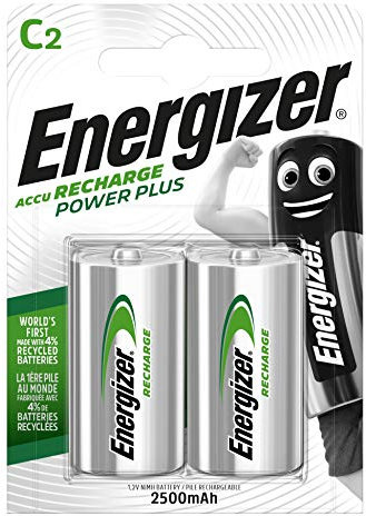 Energizer Recharge Power Plus - Batterie C (pacco da 2) - Pile Ricaricabili 2500 mAh NiMH - pronte all'uso - Per torce elettriche e giocattoli - 100% imballaggio riciclabile privo di plastica