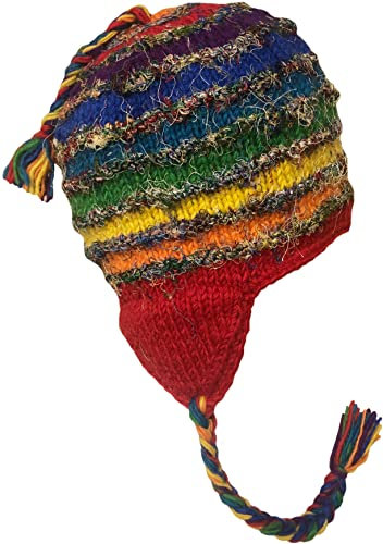 Nepal Handgestrickte Sherpa-Mütze mit Ohrenklappen, Trapper-Ski-Fleece-gefütterte Kappe, Regenbogenfarben