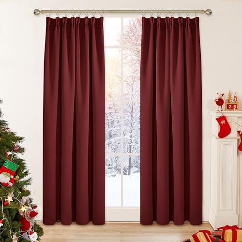 Deconovo Vorhang Gardinen Blickdicht Verdunkelungsvorhang Kräuselband Vorhang gegen Kälte Vorhänge, 138x117 cm(HöhexBreite), Rot, 2er Set