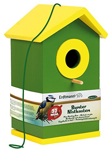 Erdtmanns Nistkasten mit Einflugloch – bunter Nistkasten für Wildvögel aus Holz – Vogelnistkasten mit Anflugstange – ideal für Meisen & Sperlinge – wetterfest für Garten (Grün, 32 mm Einflugloch)