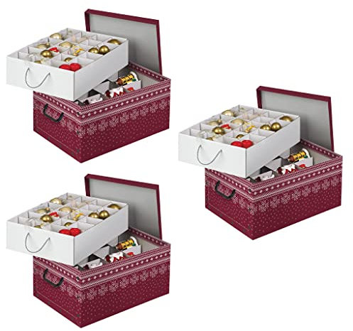 Kreher Set aus 3 Deko Kartons aus stabiler Pappe mit Griffen aus Kunststoff und Deckel. Mit Einsätzen für ca. 40 Christbaumkugeln. Design in Rot mit Schneeflocken. Stapelbar. Zur Selbstmontage.