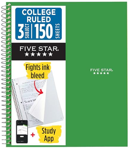 Five Star Spiral Notebook + Study App, 3 Subject, College Ruled Paper, Fights Ink Bleed, Water Resistant Cover, 8-1/2 x 11, 150 Sheets, Green (72067)