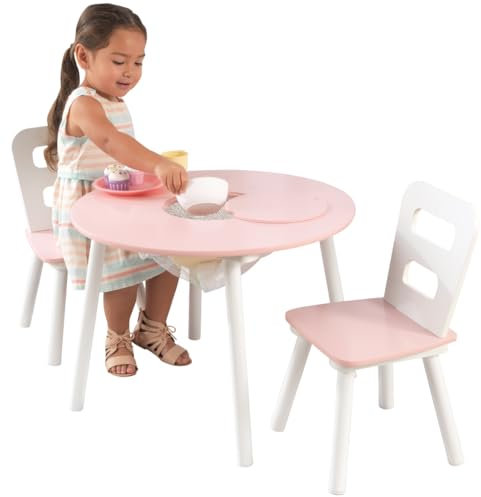 KidKraft 26165 Runder Tisch mit Stauraum und 2 Stühlen aus Holz für Kinder in rosa & weiß - Kinderzimmer Möbel
