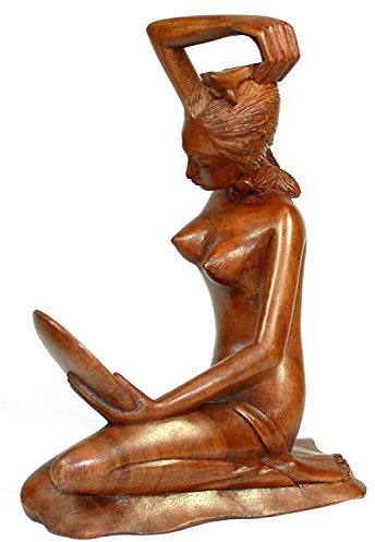 budawi® Holzfigur Skulptur – nackte Frau mit Spiegel – handgeschnitzt aus Suar Holz, ca. 20 x15 cm – Dekoration & Geschenkidee, Handarbeit