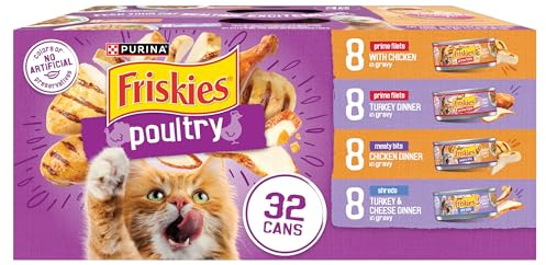 Purina Friskies Gravy Wet Cat Food Variety Pack, Poultry Shreds, Meaty Bits and Prime Filets - (Pack of 32) 5.5 oz. Cans