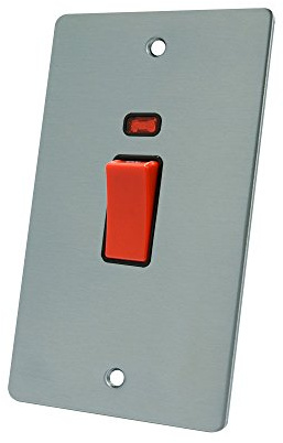 AET FSCCSWBLT 45 A 2-Gang Satin Chrome Flat Dp Cooker Switch W/Neon Indicator Tall Plate with Black Insert