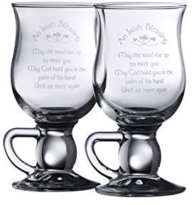 GALWAY Crystal Irish Blessing Latte Glasses, Elegant Etched Glass Drinkware for Coffee, Cappuccinos & Tea – Set of 2, Clear