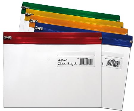 Snopake A5 Zippa-Bag ‘S’ Classic with Write-On Label [Pack of 5] 255 x 190 mm - Transparent/Assorted Zip Strips [Ref: 12722]