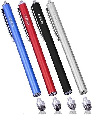 MEKO 4 Pcs universelle tactile capacitif Stylos Replaceable microfibres Astuce Stylus + 4 Conseils de remplacement et 1 x Screen Cleaning Pad (Noir / Argent / Rouge / Bleu foncé)