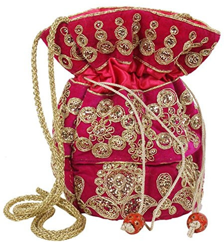 Purpledip Potli-Tasche, Clutch, Kordelzug, für Damen, mit aufwendiger Goldfaden- und Pailletten-Stickerei, rose, Large