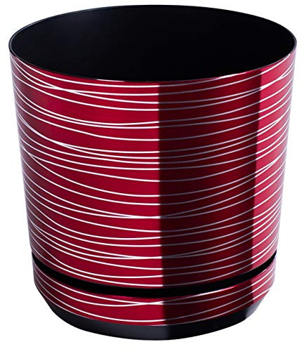 KERD Blumentopf 32 cm, Rot mit Streifen (072), dekorativ, hochwertig, aus Recyclingmaterial, mit Drainage, mit Untersetzer, handbeklebt, rote Dekoration, Silberne Details, modern, glamourös