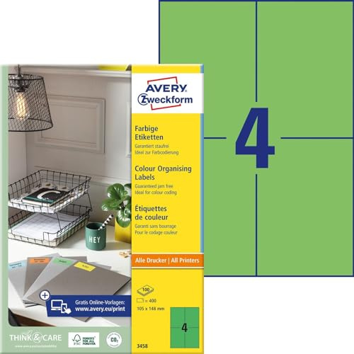 AVERY Zweckform 3458 Grüne Etiketten (400 Aufkleber, 105x148mm auf A4, permanent haftend, selbstklebende Farbetiketten, Papier matt, bedruckbare, farbige Klebeetiketten) 100 Blatt