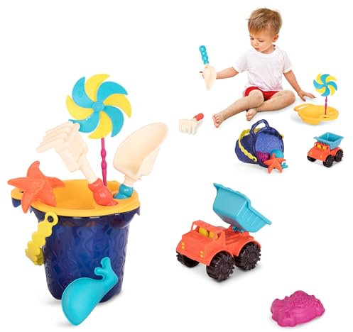 B. toys Sandspielzeug 9 Teile mit Eimer – Sandkasten Spielzeug, Strand, Spielplatz mit Schaufel, Sieb, Sandförmchen, Kipper – Spielzeug ab 18 Monaten