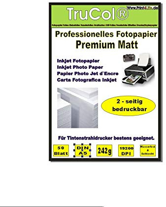 Beidseitig 50 Blatt DIN A5 242g /m² Premium MATT Fotopapier hochweiß für Tintenstrahldrucker sofort trocken wasserfest lichtecht Flyerpapier Broschüren Vorlagen Grußkarten Photopapier Einladungskarte