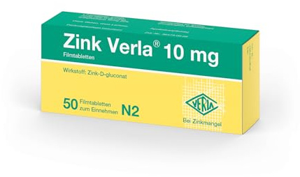 Zink Verla 10 mg Filmtabletten - Arzneimittel mit organischem Zink-D-gluconat, zur Behandlung von Zinkmangel, besonders leicht zu schlucken, gluten-, laktose-, zuckerfrei & vegan, 50 St
