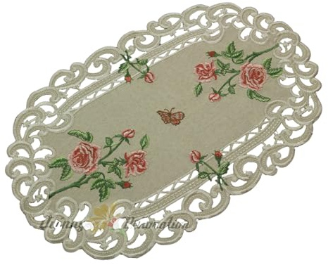Rosen Tischläufer/Tischdecke Leinen-Optik Creme mit rosa Blumen Stickerei - Größe wählbar (ca. 30 x 45 cm Oval)
