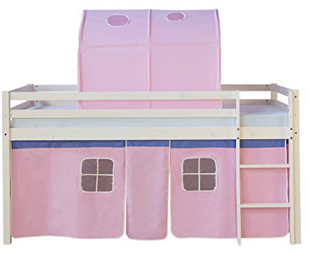 Homestyle4u Kinderbett 90x200 Weiß Hochbett mit Treppe Tunnel Vorhang Rosa Bettgestell Massivholz Kiefer