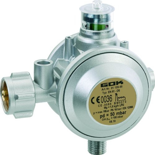 GOK Druckminderer Gasflasche 50 mbar, zweistufiger Gewerberegler mit ÜDS und Sichtanzeige grün/rot, 90° Abgang, Anschluss KLF x 1/4 Linksgewinde, max. Durchfluss 1,5 kg/h, EN 12864, CE