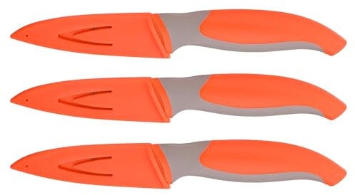GRÄWE 3er Set Küchenmesser mit Klingenschutz antibakteriell, Orange, Allzweckmesser, Rutschfester Griff, Antihaft-Beschichtung, mit Schutzhülle, Stoffetui, Spülmaschinengeeignet, Schälmesser