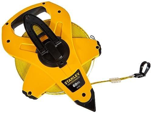 Stanley 2-34-775 Mesure 60 M X 12,7 Mm Ruban En Fibre De Verre Powerwinder - Revêtement Transparent - Palette Rabattable - Boitier Abs Antichocs - Poignée Bi matière - Trou D'Accrochage