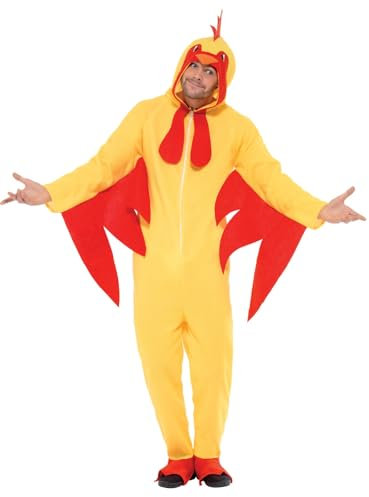 Smiffys Chicken Costume, Bright Yellow Hooded All-in-One Jumpsuit with Attached Beak and Comb, Party Animals Fancy Dress Outfit, Fun Adult Animal Dress Up Costumes for Parties and Events