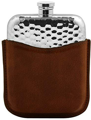 English Pewter Company 6 Unzen gehämmerter Zinn-Flachmann mit luxuriösem braunem Lederbeutel [PLF03]