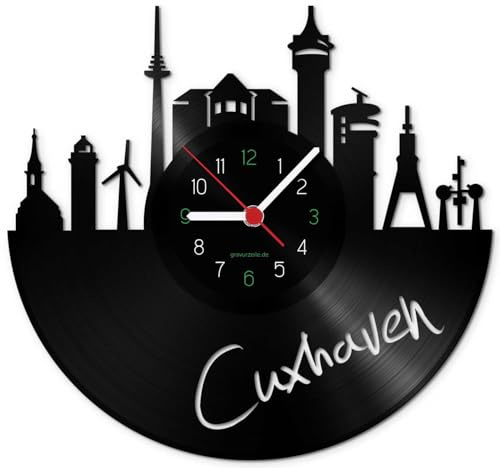 GRAVURZEILE Schallplattenuhr - Skyline Cuxhaven - Wanduhr aus gegossenem Vinyl mit Stadt Skyline 30 cm - Upcycling Design-Uhr Wand-Deko Vintage Wand-Dekoration Retro-Uhr - Made in Germany