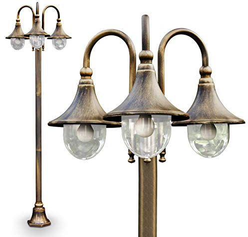 Außenleuchte Elgin, Kandelaber in antikem Look, Metall in Gold/Braun, mit Kunststoff-Scheiben, 3-armige Wegeleuchte 225 cm, Retro/Vintage Gartenlampe, E27-Fassung, IP44, ohne Leuchtmittel
