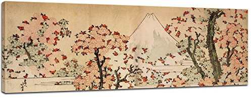 Bilderdepot24 Bild auf Leinwand | Katsushika Hokusai Blick auf den Fujijama mit blühenden Kirschbäumen in 160x50 cm als Wandbild | Wand-deko Dekoration Wohnung alte Meister | 180203-160x50