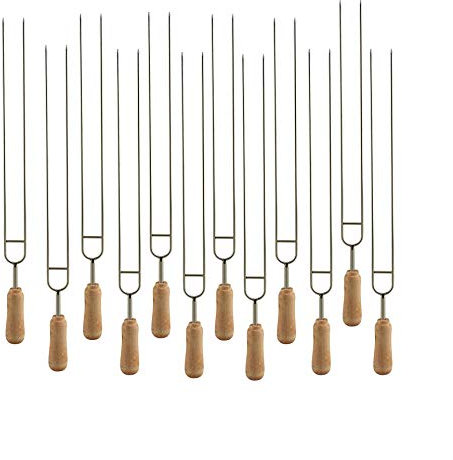 IMEEA Double Prongs BBQ Barbecue Shish Kebab Skewers Stainless Steel Wooden Handle 15 inch, 12-Piece