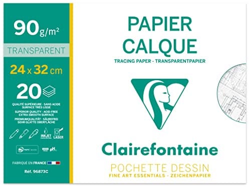 Clairefontaine 96873C - Pochette Dessin Scolaire - 20 Feuilles Papier Calque Hautement Transparent - 24x32 cm 90/95g - Idéal pour le Dessin Technique