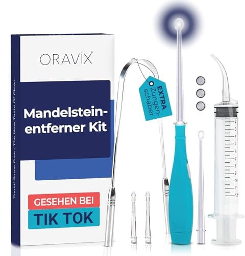 ORAVIX Tonsillenstein Entferner Set - Einfach Mandelsteine Entfernen und Mundgeruch stoppen - Mit LED-Licht, Zungenreiniger und Spritze
