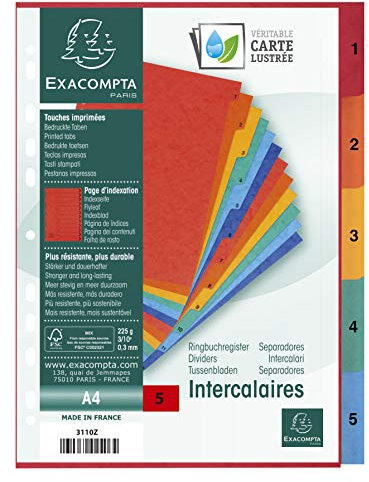 Exacompta 3110Z Premium-Register 1-5 für DIN A4 aus starkem Colorspankarton 5-teilig volle Höhe 22,5 x 29,7 cm vollfarbig 5 Farben mit Indexseite zum selbstgestalten Trennblätter Trennstreifen