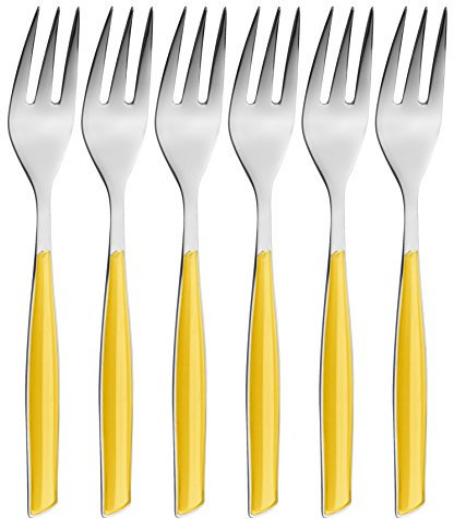 BUGATTI, Glamour, Lot de 6 fourchettes à Dessert en Acier Inoxydable 18/10 et poignée Jaune, emballé dans Une boîte Cadeau, va au Lave-Vaisselle