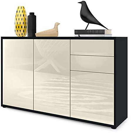 Vladon Sideboard Ben V3, Kommode mit 3 Türen und 2 Schubladen, Schwarz matt/Creme Hochglanz (117 x 74 x 36 cm)