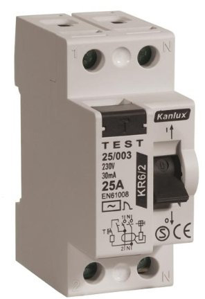 Interruptor FI de 2 polos, 25 A, 30 mA, interruptor diferencial, interruptor de protección personal