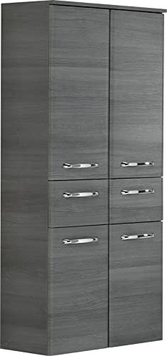 Pelipal Badezimmerschrank Quickset 328 in Graphit Struktur Quer Nachbildung, 60 cm breit | Halbhoher Midischrank mit 4 Türen, 1 Schubkasten und 3 Einlegeböden