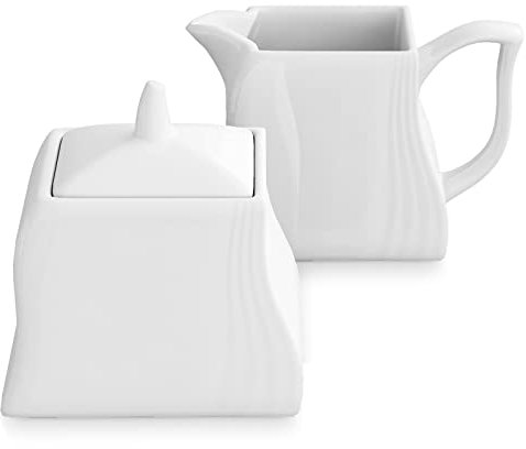MALACASA | Porzellan Milch und Zucker Set 3 TLG, Zuckerdose und Milchkännchen Set, Zuckerdose mit Deckel und Milchkanne, Milchbehälter und Zuckerdosierer, Zuckerbehälter Weiß, Serie AMPARO