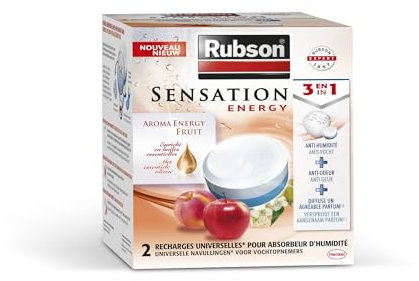 Rubson Sensation Energy, 2 Recharges universelles de 300 gr pour absorbeur d'humidité, Recharge 3-en-1 anti-humidité & anti-odeur et qui offre une sensation fraîche, parfum fruits