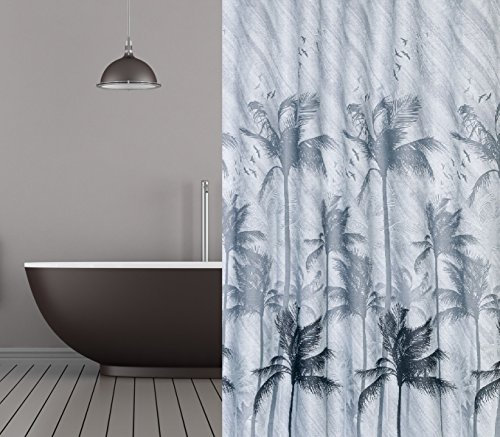 Rideau de douche en textile Motif palmiers Gris/noir 120 x 200 cm Avec fixations pour rideau de douche