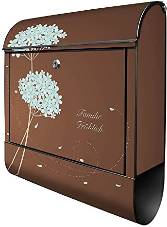 banjado® Design Briefkasten personalisiert WT Blaue Hortensie 38,5x46,5x13cm & 2 Schlüssel - Briefkasten Stahl schwarz Zeitungsfach pulverbeschichtet - Postkasten A4 Einwurf inkl. Montagematerial