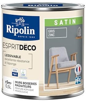 RIPOLIN - Peinture Intérieure Multi-Supports – Murs, Boiseries & Radiateurs – Ultra-Couvrante – Lessivable – Application Facile – Ecolabel - Satin - 0,5L - Gris Zinc
