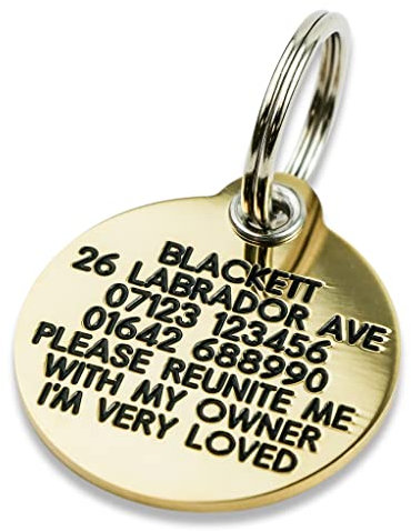 Engraved Dog tag, Deeply Engraved, Reinforced Solid Brass 33mm Circular Dog tag