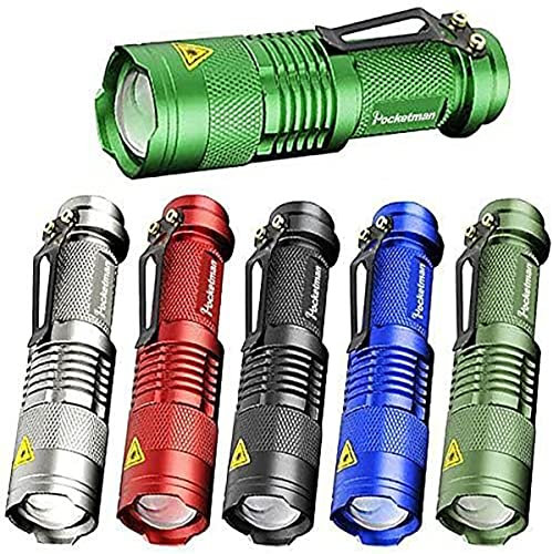 POCKETMAN Taschenlampe führte 6 Farben mini Taschenlampe 300 Lumen SK68 Teleskop Zoom 3 Modi einstellbar mit Stift Clip (Packung mit 6)