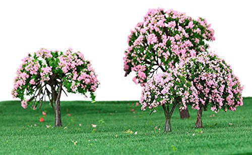 GoolRC 4 Stück Kunststoff Modell Bäume Zug Layout Garten Landschaft Weiß und rosa Blumen Bäume Diorama Miniatur Rosa (Typ1)