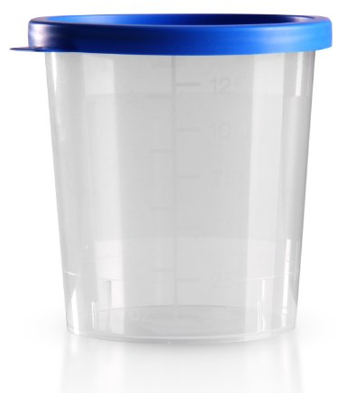 25 x Urinbecher 125 ml / Farbe: Natur / Schnappdeckel: Blau/ mit Graduierung/ hygienisch verpackt/ mit Beschriftungsfeld auf Becher und Deckel /Urinprobebecher/ Probebecher