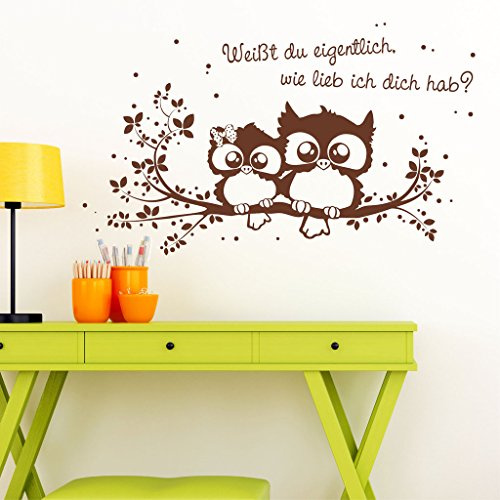 Wandtattoo Loft® Eulenwandtattoo „Weißt du eigentlich, wie lieb ich dich hab?“ mit niedlichen Eulen auf einem Zweig – Wandtattoo / 49 Farben / 4 Größen/braun / 55 x 92 cm