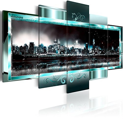 B&D XXL - Leinwand Bilder New York 200x100 cm Vlies Leinwandbild 5 tlg Kunstdruck modern Wandbilder XXL Wohnzimmer Wanddekoration Wand Bild - City Stadt Panorama Architektur Abstrakt blau schwarz