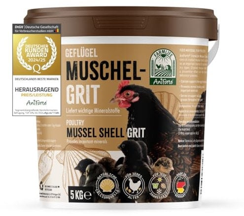 AniForte Muschelgrit für Hühner 5kg – Natürliches Mineralfutter reich an Calcium für Geflügel, Mineralgrit für Knochen- & Eibildung, Grit für Hühner aus Muschelkalk – FarmLife Muschelschrot